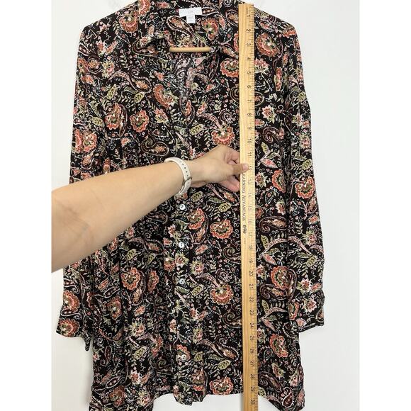 J.Jill Tunic Top SP Small Petite Dark Brown Paisley Floral Long Sleeves Pockets - Picture 5 of 8